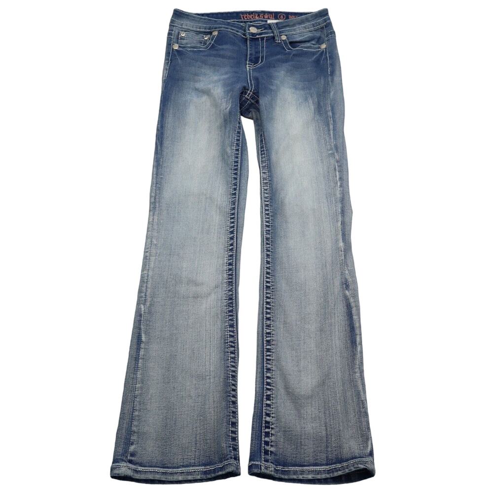 Rebel Soul Pants Womens 8 Blue Mid Rise 5 Pocket Design Boot Cut Faded Jeans